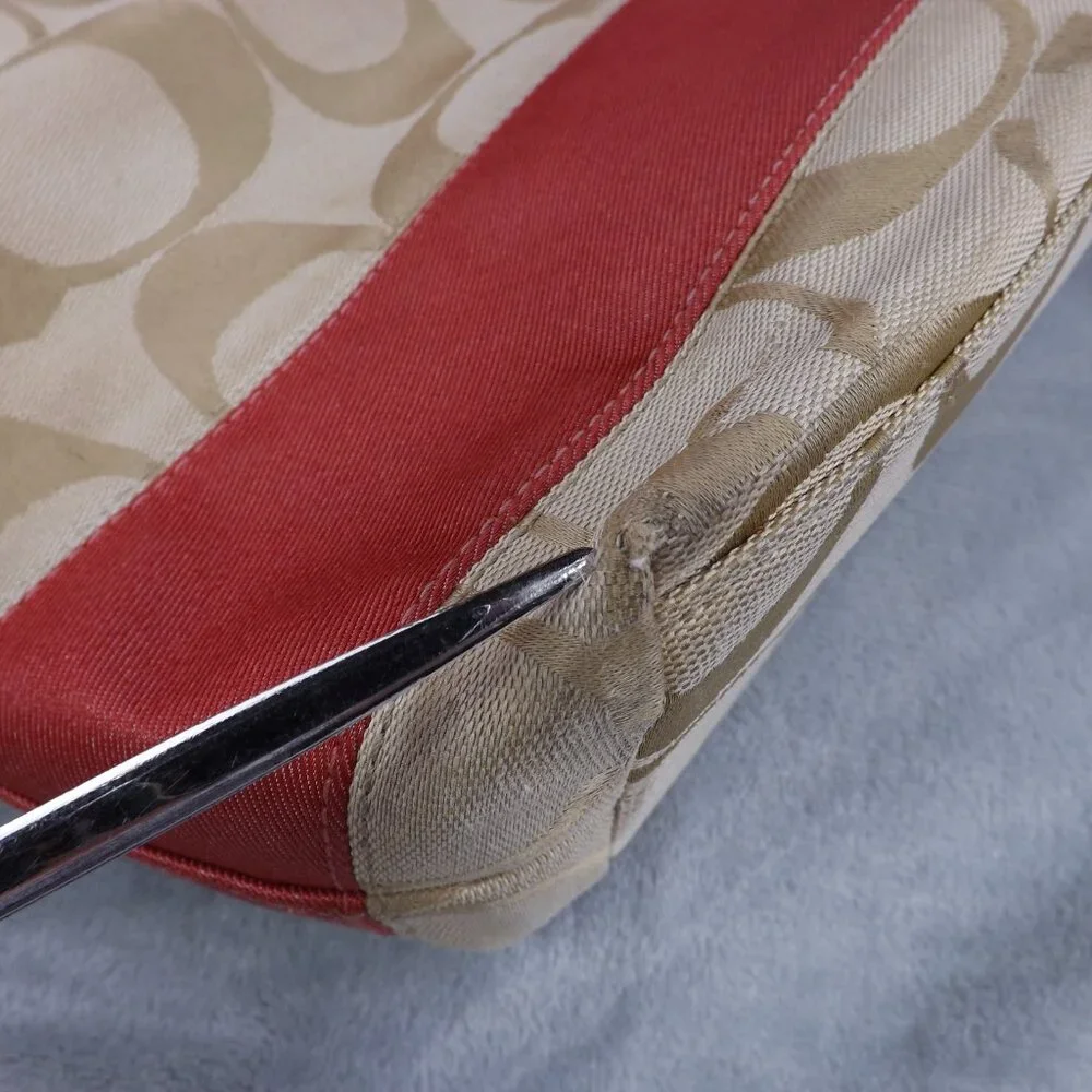 Coach Signature Stripe Tote/Bag/Purse Pink & Khaki Leather & Canvas E1020-F15112